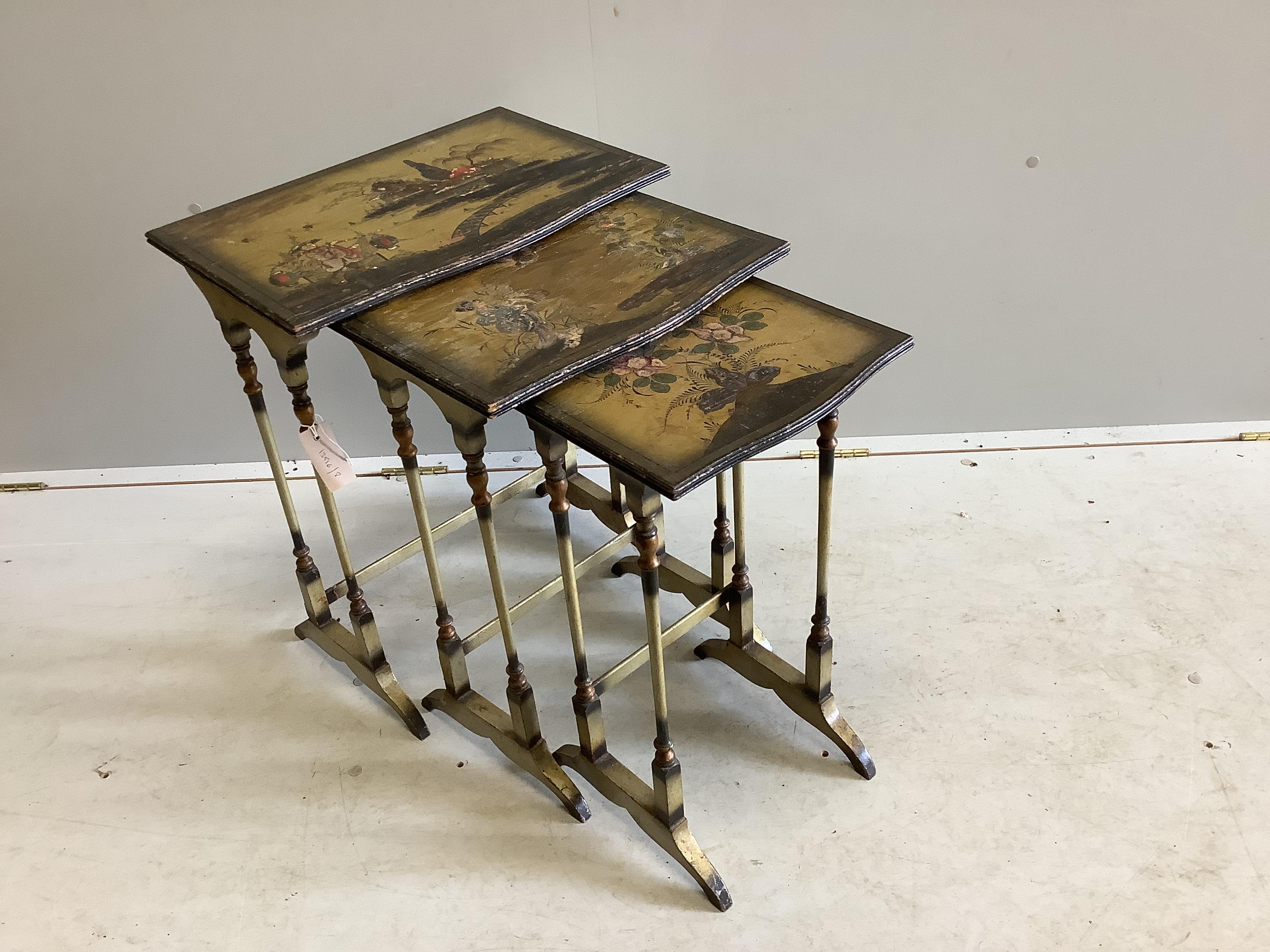 A nest of three chinoiserie lacquer tea tables, width 48cm, depth 33cm, height 60cm